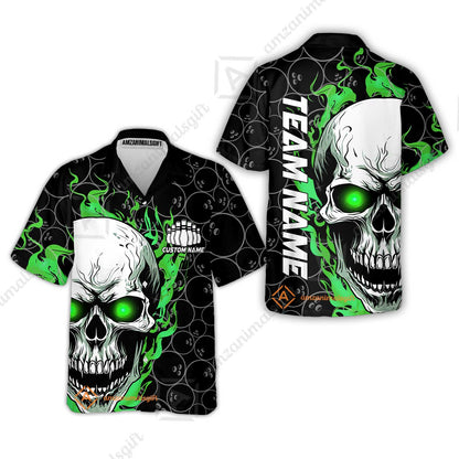 Personalized Bowling Unisex Polo Shirt, Green Flaming Skull Shirt For For Team Men Women Bowlers