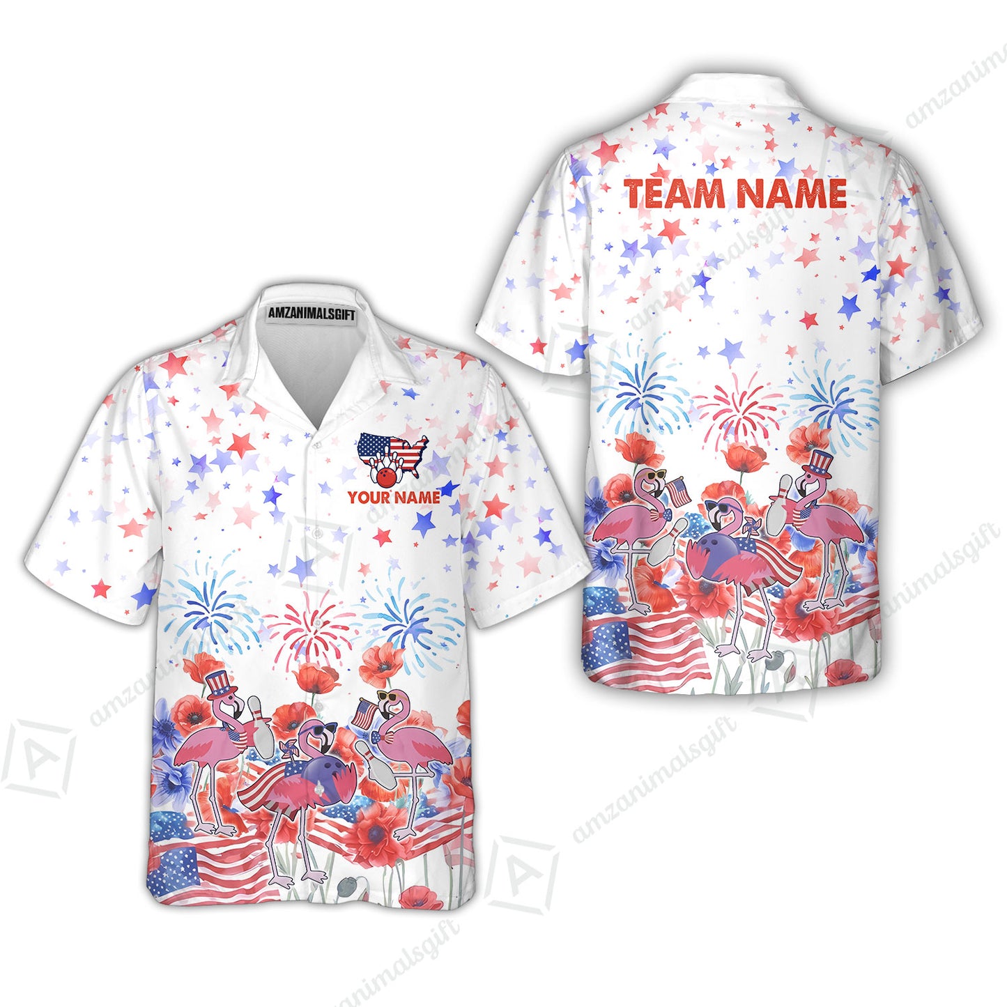 Custom Bowling Jersey Polo Shirt, 4th of July Flamingo Bowling, Custom Bowling Jersey Team Shirt For Players With Name & Team Name