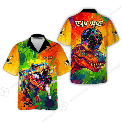 Custom Bowling Jersey Polo Shirt, Colorful Splatter T-Rex Dino, Custom Bowling Jersey Team Shirt For Players With Name and Team Name