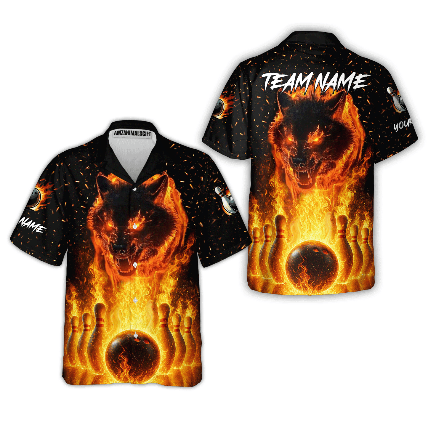 Customized Bowling Jersey, Glowing Wolf with Fiery Bowling Pins , Uniform Bowling - Personalized Name And Team Name