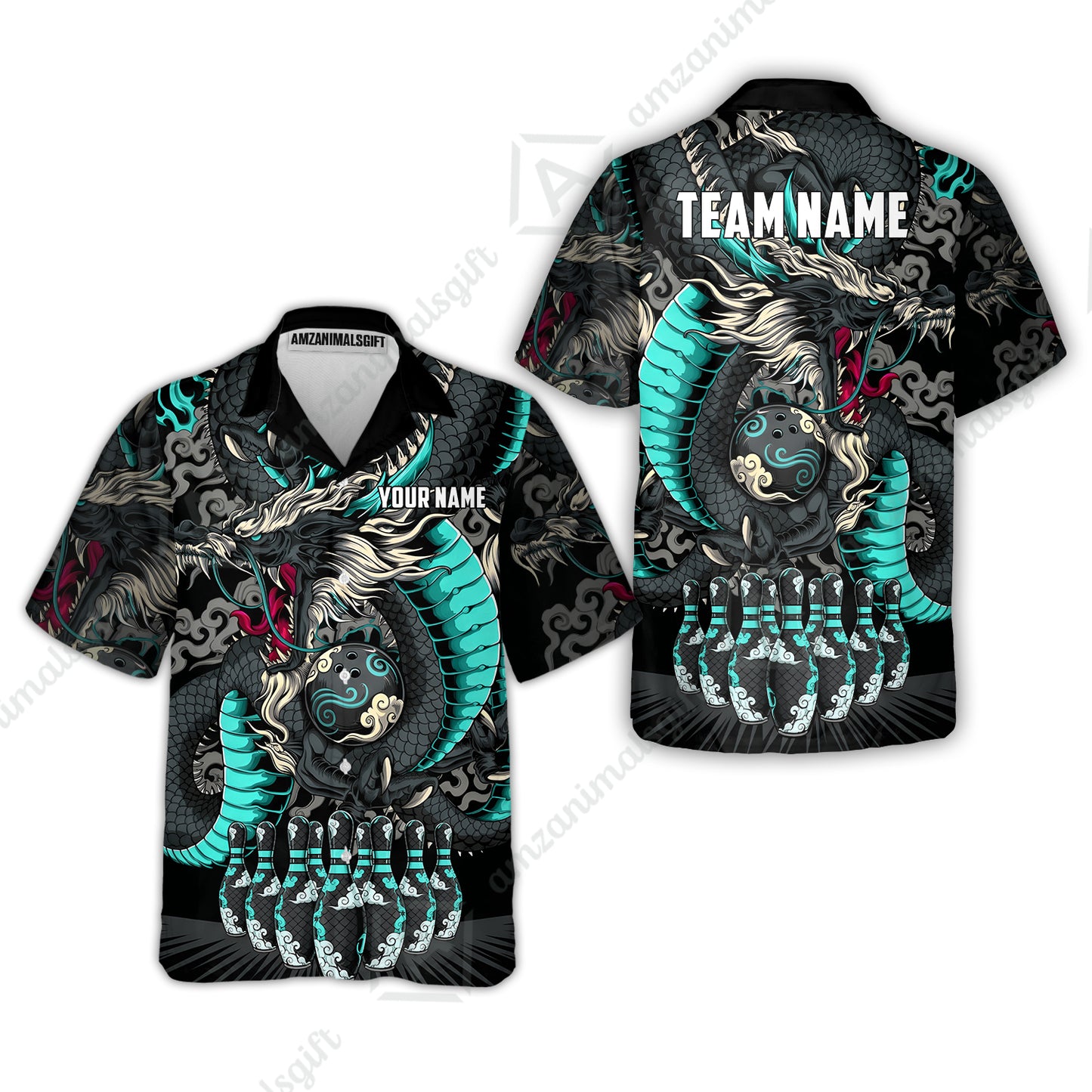Custom Bowling Jersey Polo Shirt, Oriental Jade Dragon & Classic Clouds, Custom Bowling Jersey Team Shirt For Players With Name & Team Name