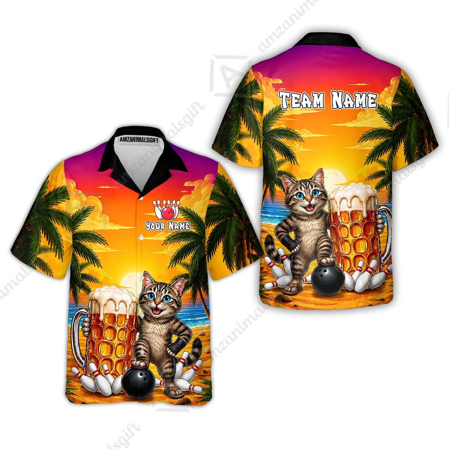 Custom Bowling Jersey Polo Shirt, Beer & Bowling Cat, Custom Bowling Jersey Team Shirt For Players With Name and Team Name