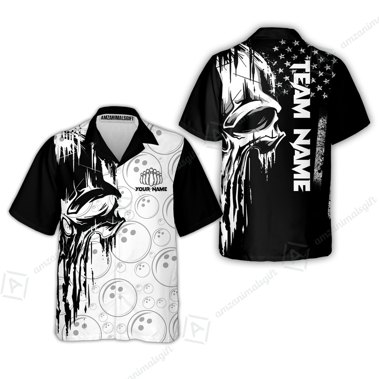Customized Bowling Unisex Polo Shirt, American Flag Dripping Skull, Bowling Uniform - Personalized Name And Team Name