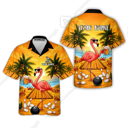 Customized Bowling Shirt, Beer & Flamingo Bowler Summer Vibe, Personalized Polo Shirt For Players With Name & Team Name