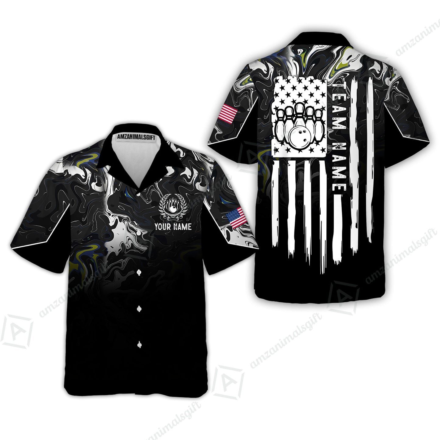 Custom Bowling Jersey Polo Shirt, Monochrome Fluid Marble Patriotic Flag, Custom Bowling Jersey Team Shirt For Players With Name and Team Name