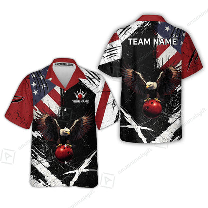Custom Bowling Jersey Polo Shirt, Patriotic Bald Eagle Distressed American Flag Grunge, Custom Bowling Jersey Team Shirt For Players With Name & Team Name