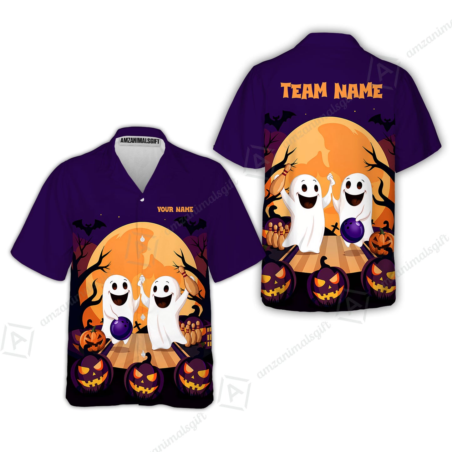 Custom Bowling Jersey Polo Shirt, Bowling Ghost Pumpkin Halloween, Personalized Name And Team Name