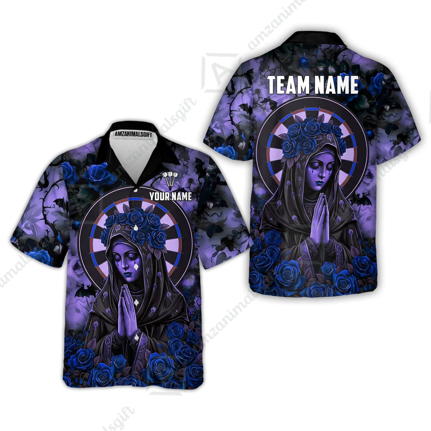 Custom Darts Jersey Polo Shirt, Gothic Madonna And Blue Rose, Custom Dart Jersey Team Shirt For Players With Name & Team Name