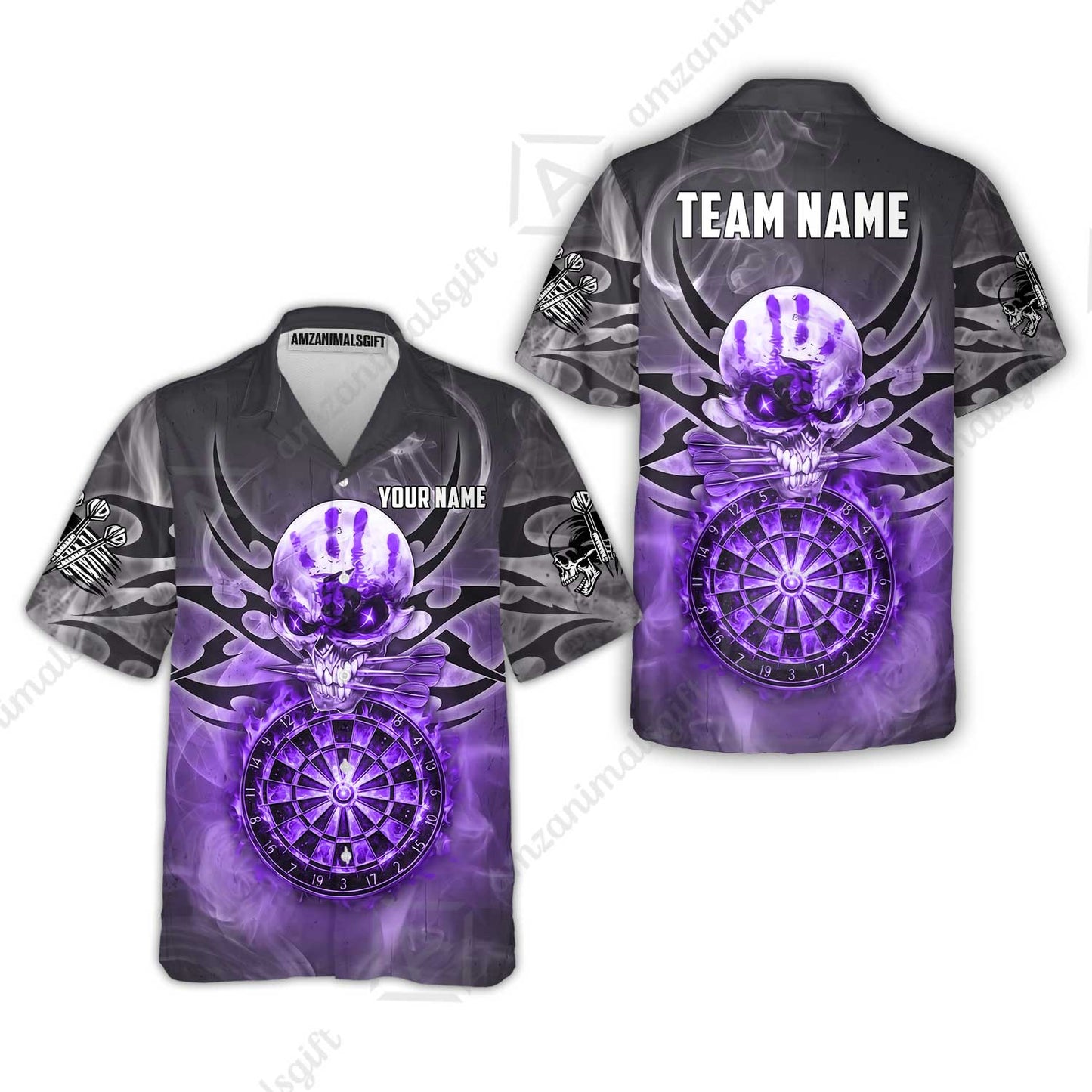 Custom Darts Jersey Polo Shirt, Glowing Fire Skull Tribal, Custom Dart Jersey Team Shirt For Players With Name & Team Name