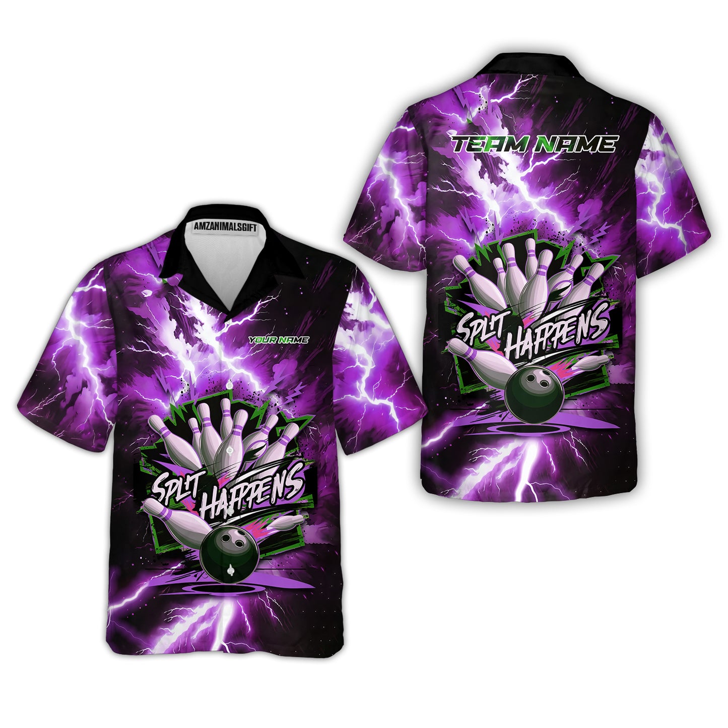 Custom Bowling Team Jersey, Split Happens - Electric Lightning, Bowling Uniforms, Personalize Name And Team Name