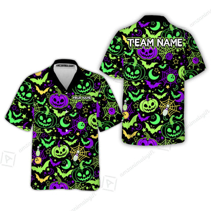 Customized Bowling Shirt, Neon Halloween Pattern Bowling And Pin Pumpkins Spider Bat, Personalized Polo Shirt For Players With Name & Team Name