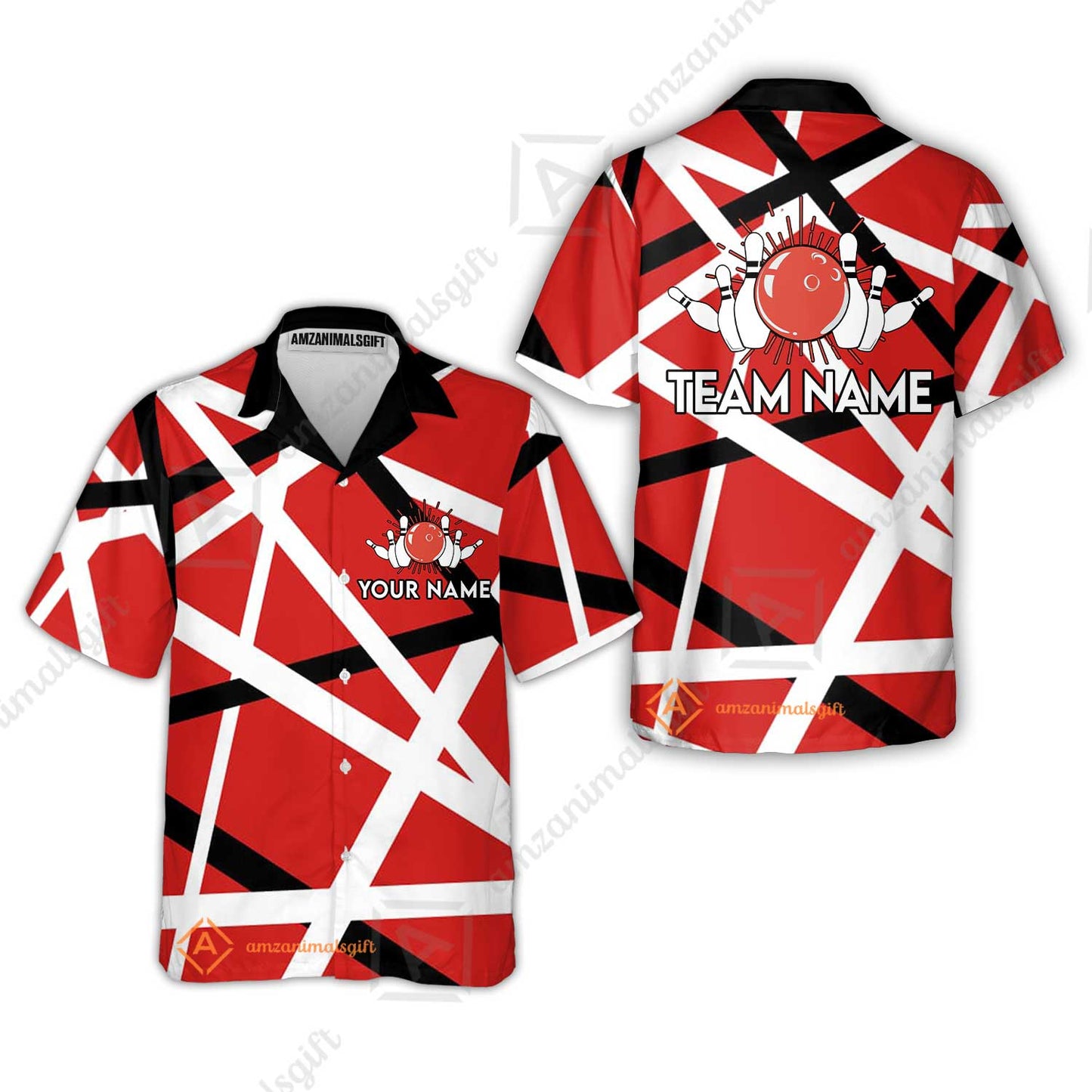 Custom Bowling Team Jersey Shirt, Bowling uniforms Vintage Retro Rock Style Guitar Red & White Personalized Name And Team Name