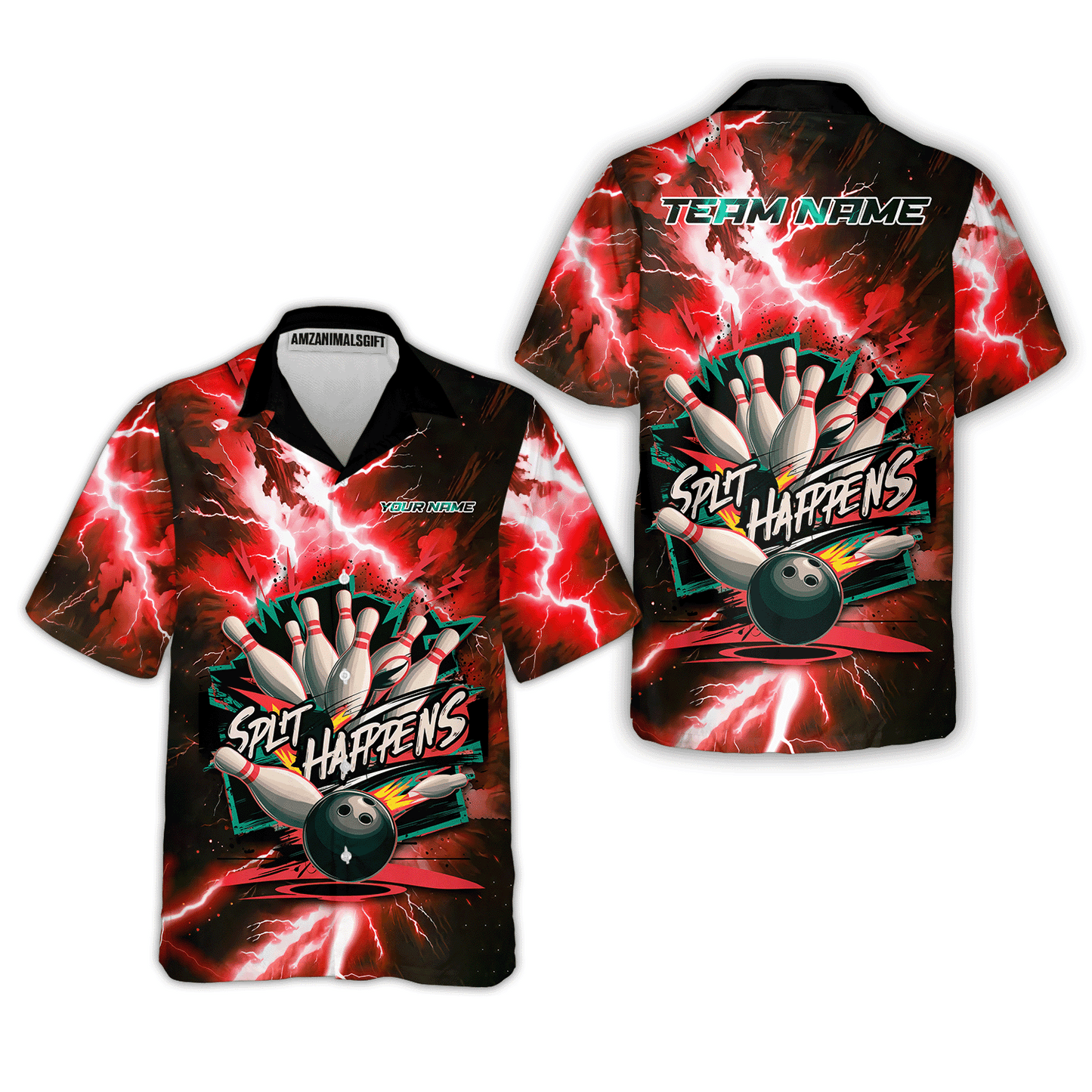 Customized Bowling Jersey, Dramatic Red And Black Lightning - Split Happens , Uniform Bowling - Personalized Name And Team Name