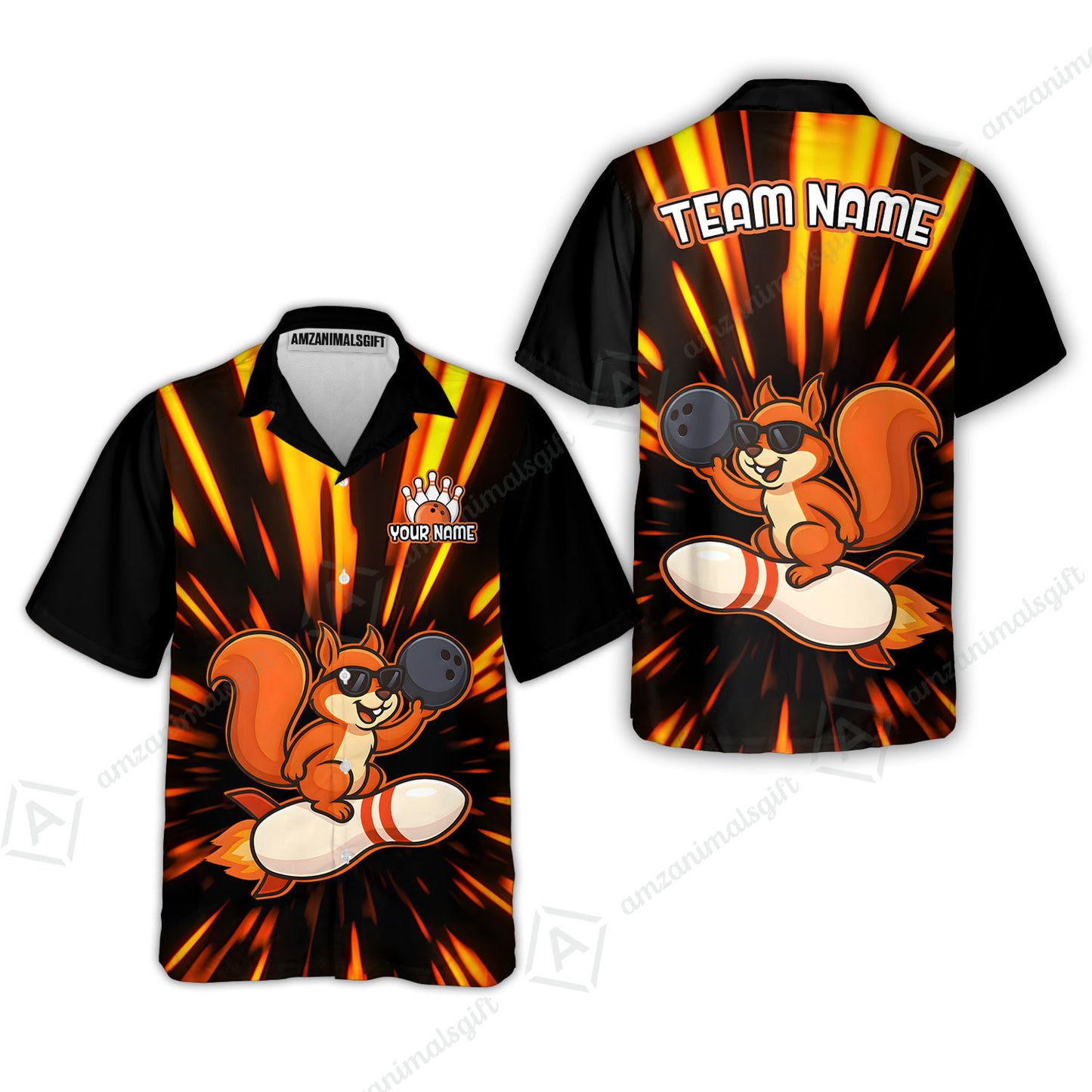 Funny Bowling Custom Polo T-Shirt - Fun Cartoon Flame With Squirrel Wearing Sunglasses, Personalized Bowling Jersey Polo Shirts