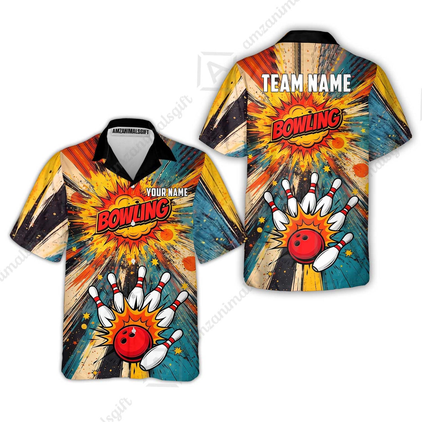Custom Bowling Jersey Polo Shirt, Retro Comic Book Explosion, Custom Bowling Jersey Team Shirt For Players With Name and Team Name