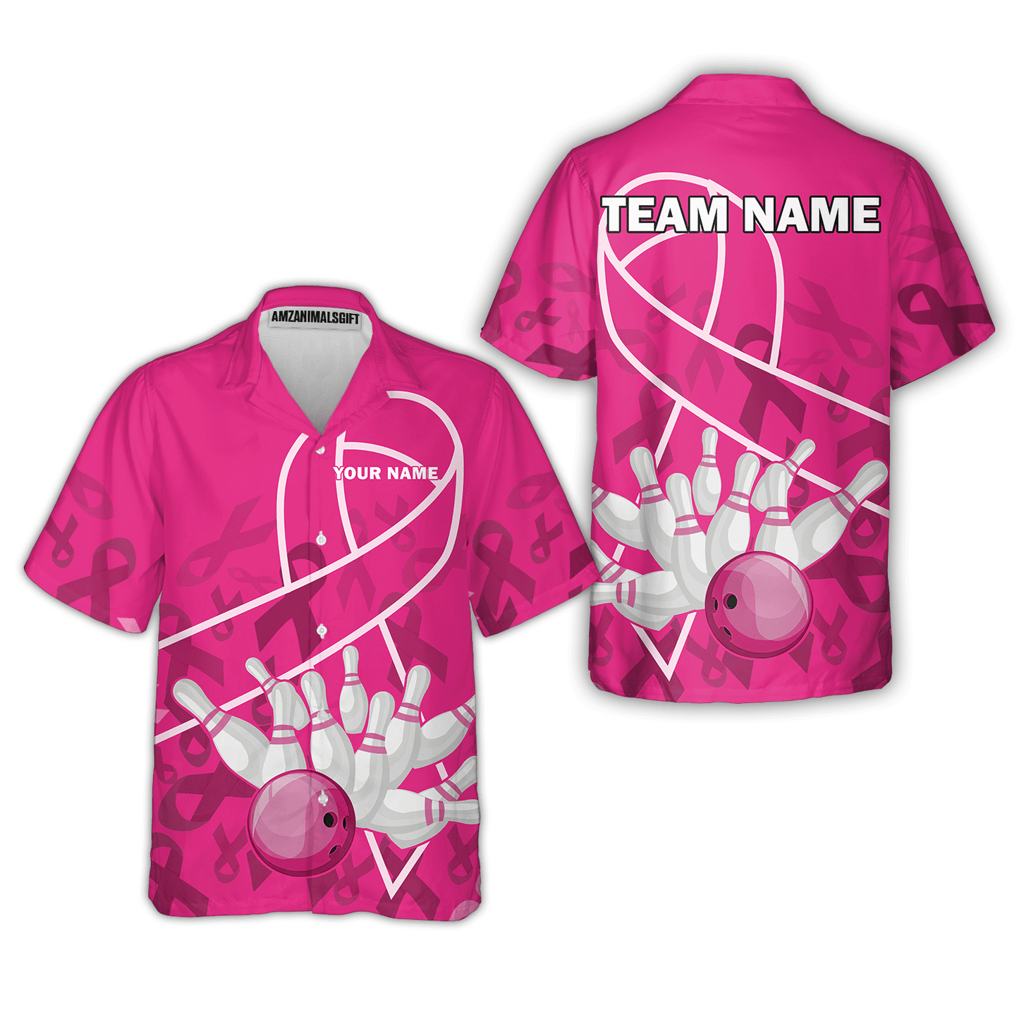 Custom Bowling Team Jerseys Polo Shirts for Breast Cancer Awareness, Bright Pink Bowling uniforms, pink bowling ball striking white pins Bowling Polo