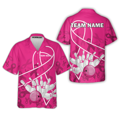 Custom Bowling Team Jerseys Polo Shirts for Breast Cancer Awareness, Bright Pink Bowling uniforms, pink bowling ball striking white pins Bowling Polo
