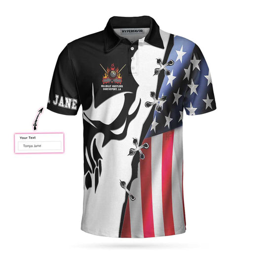 Men Billiard Polo Shirt - Personalized US Flag Skull Billiards Pool Polo Shirt, Hillbilly Hustlers Custom Polo Shirt, Best Gift For Billiards Lovers