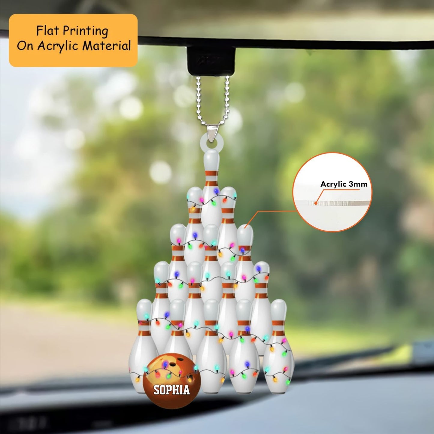 Personalized Bowling Ball Holding Pins Acrylic Ornament, Bowling Keychain, Car Ornament, Christmas Ornament Gifts