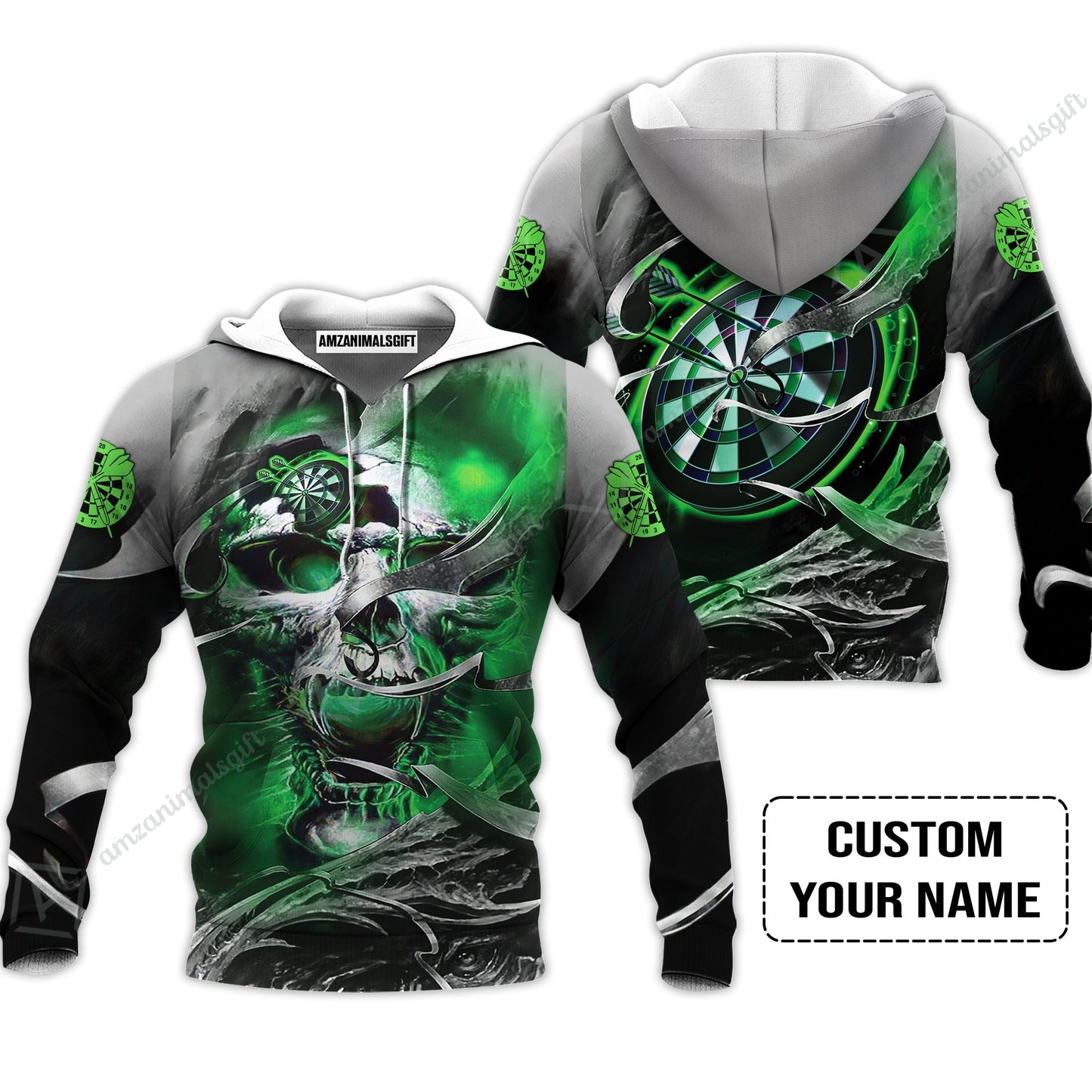 Customized Name Darts Zip Polo Shirt, Green Skull Light Dartboard Personalized Zip Polo Shirt