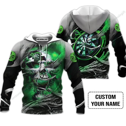Customized Name Darts Zip Polo Shirt, Green Skull Light Dartboard Personalized Zip Polo Shirt
