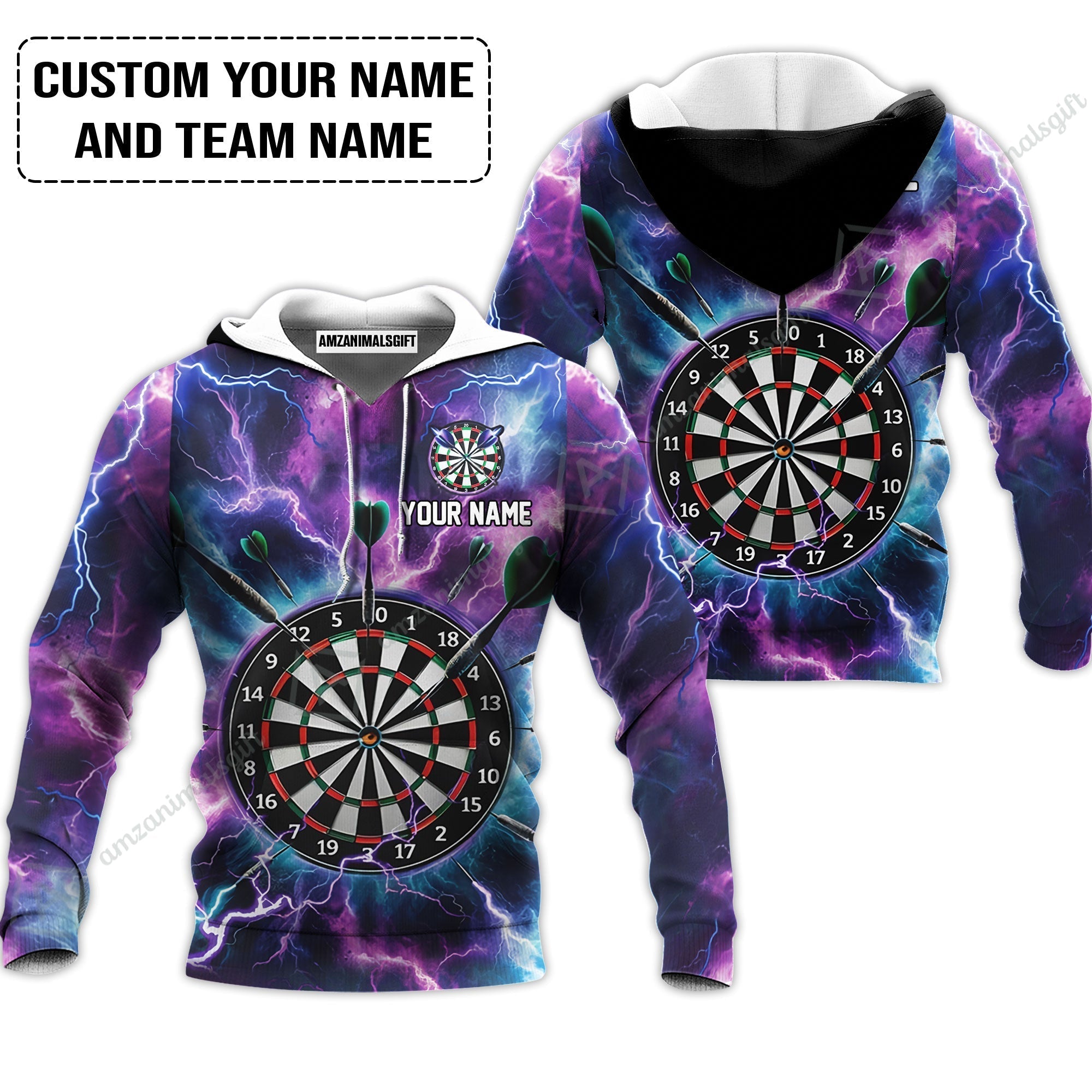 Personalized Darts Hoodie - Custom Name & Team Name Purple Thunder Lightning Hoodie