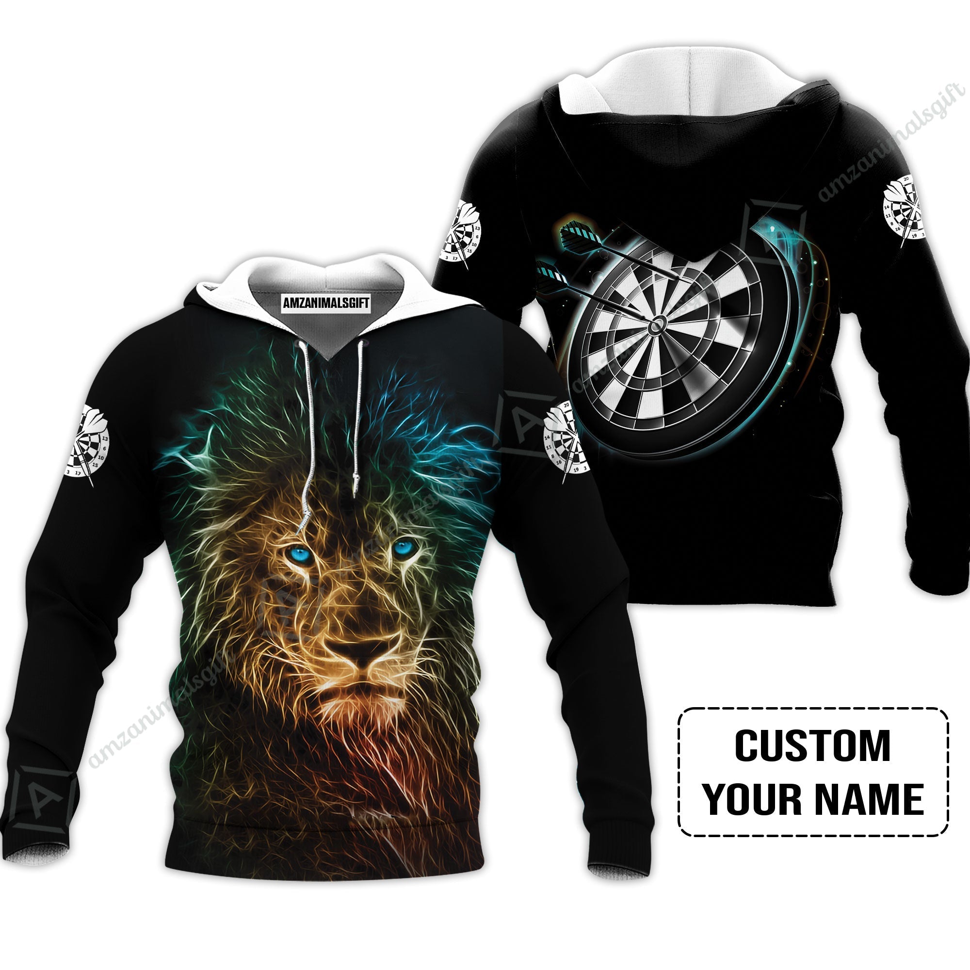 Customized Name Darts Hoodie, Blue Bullseye Dartboard Personalized Lion And Darts Hoodie