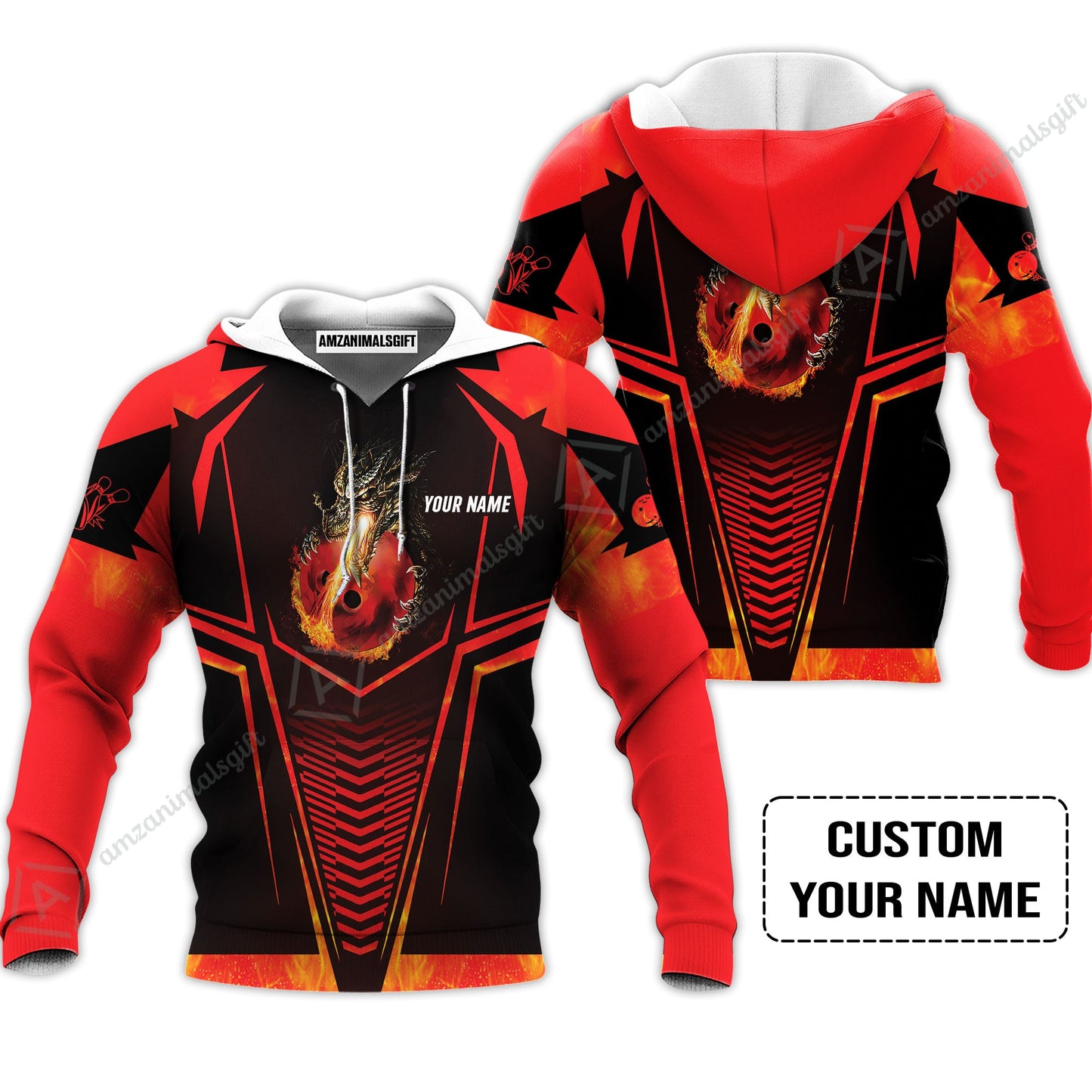 Bowling Custom Long Polo Shirt, Custom Name Dragon Fire Flame Personalized Bowling Long Polo Shirt