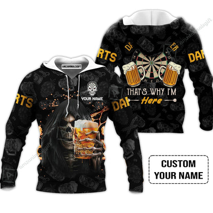 Customized Name Darts Hoodie, Darts And Beer That's Why I'm Here Personalized Skull And Darts Hoodie