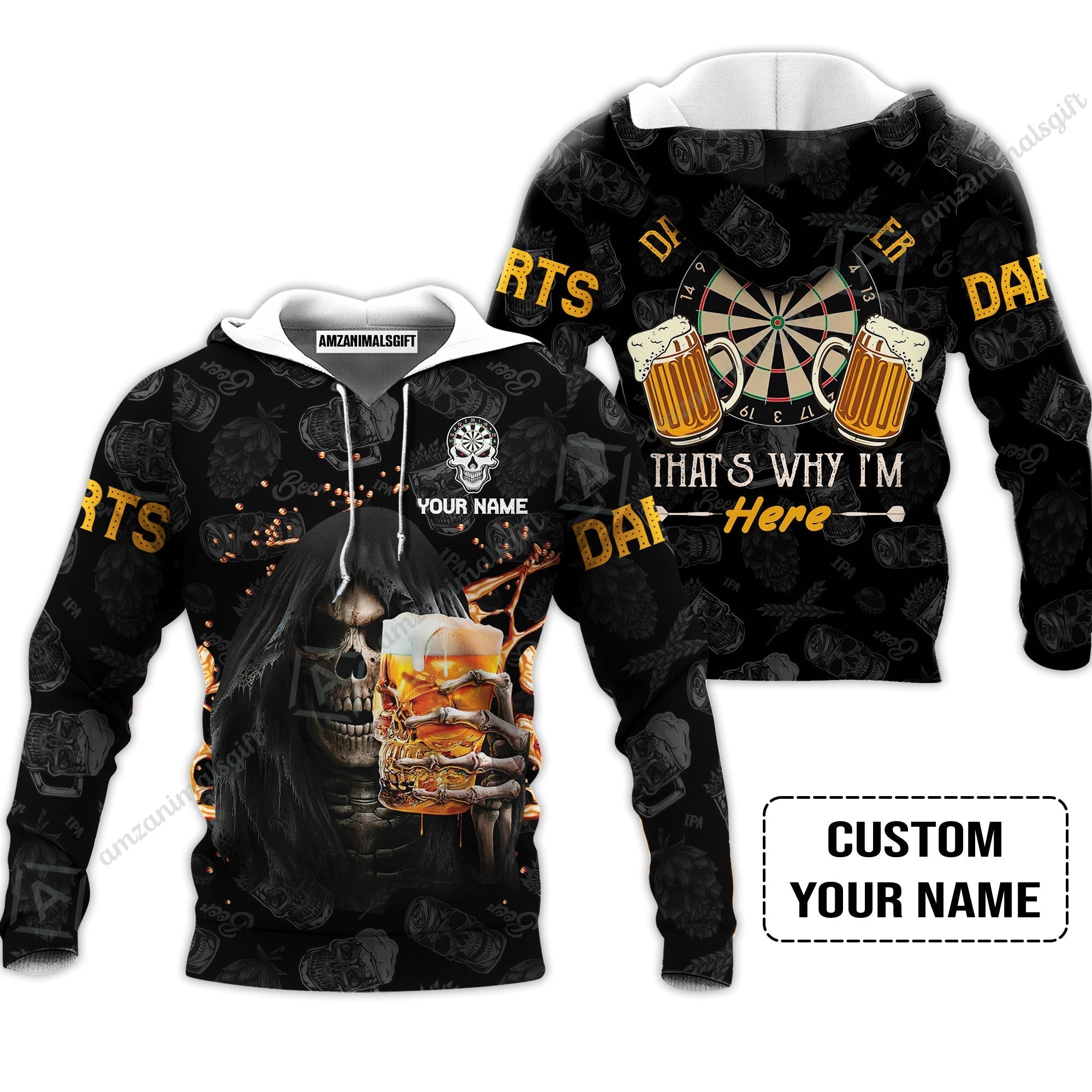 Customized Name Darts Hoodie, Darts And Beer That's Why I'm Here Personalized Skull And Darts Hoodie