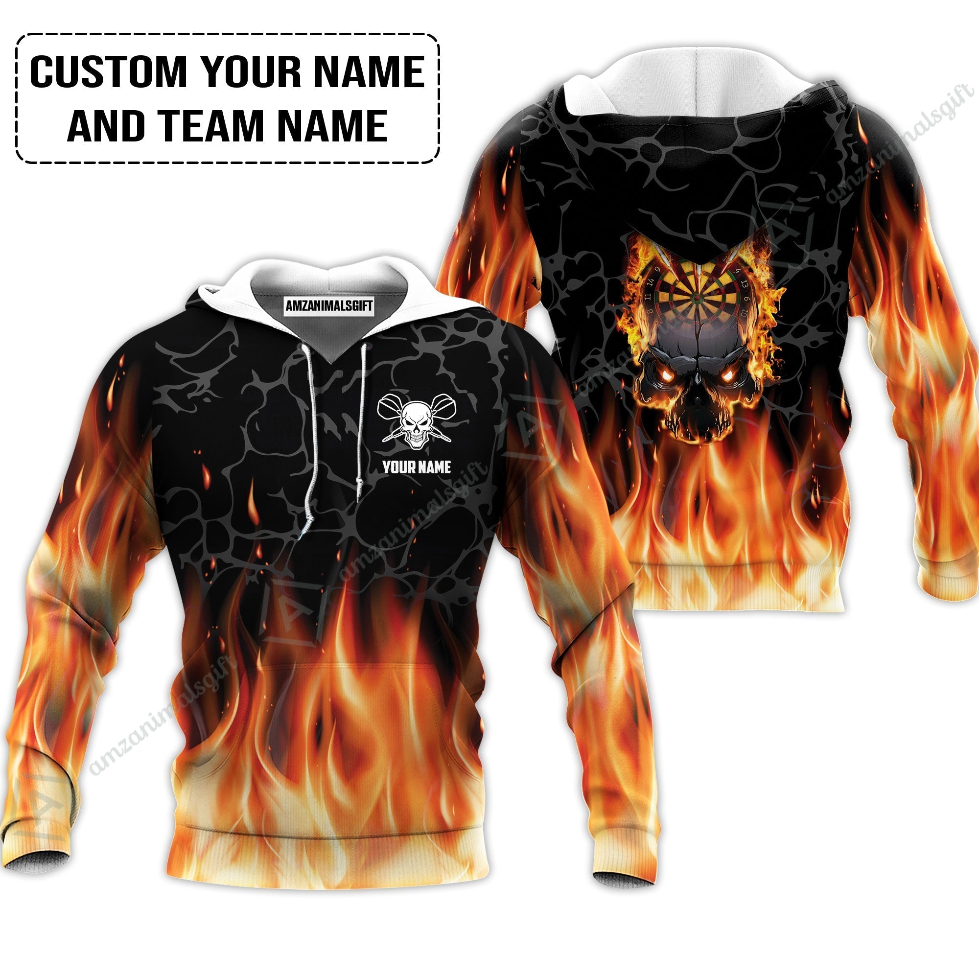 Personalized Darts Hoodie - Custom Name & Team Name Orange Flame Skull Darts Hoodie