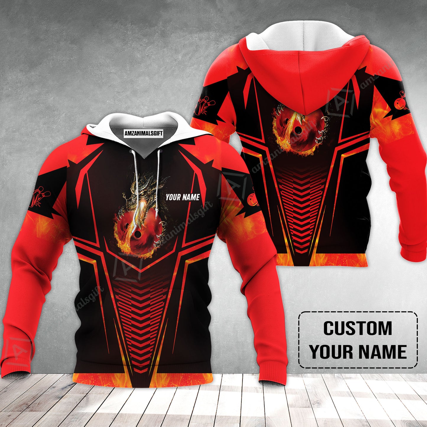 Bowling Custom Hoodie, Custom Name Dragon Fire Flame Personalized Bowling Hoodie