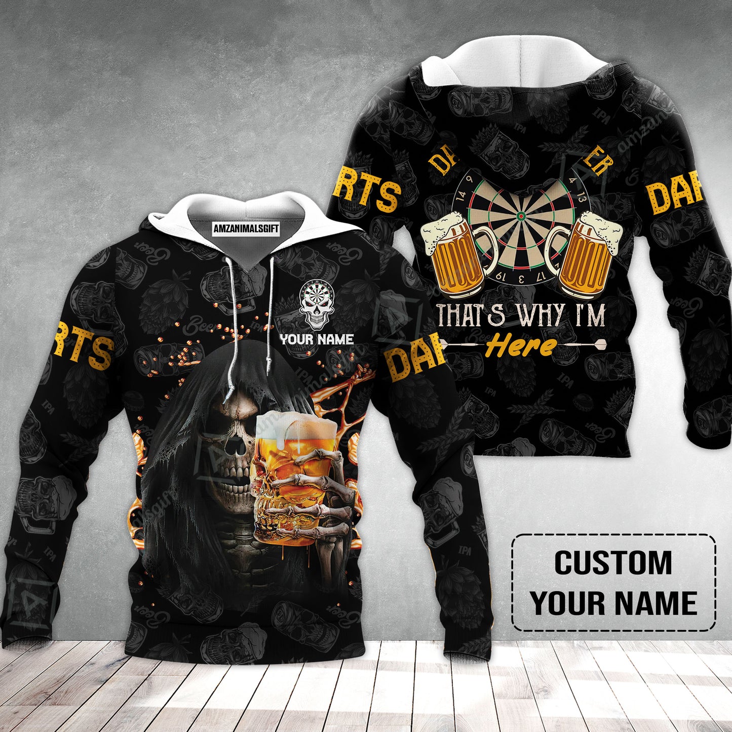 Customized Name Darts Hoodie, Darts And Beer That's Why I'm Here Personalized Skull And Darts Hoodie
