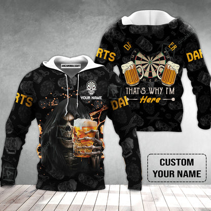 Customized Name Darts Hoodie, Darts And Beer That's Why I'm Here Personalized Skull And Darts Hoodie