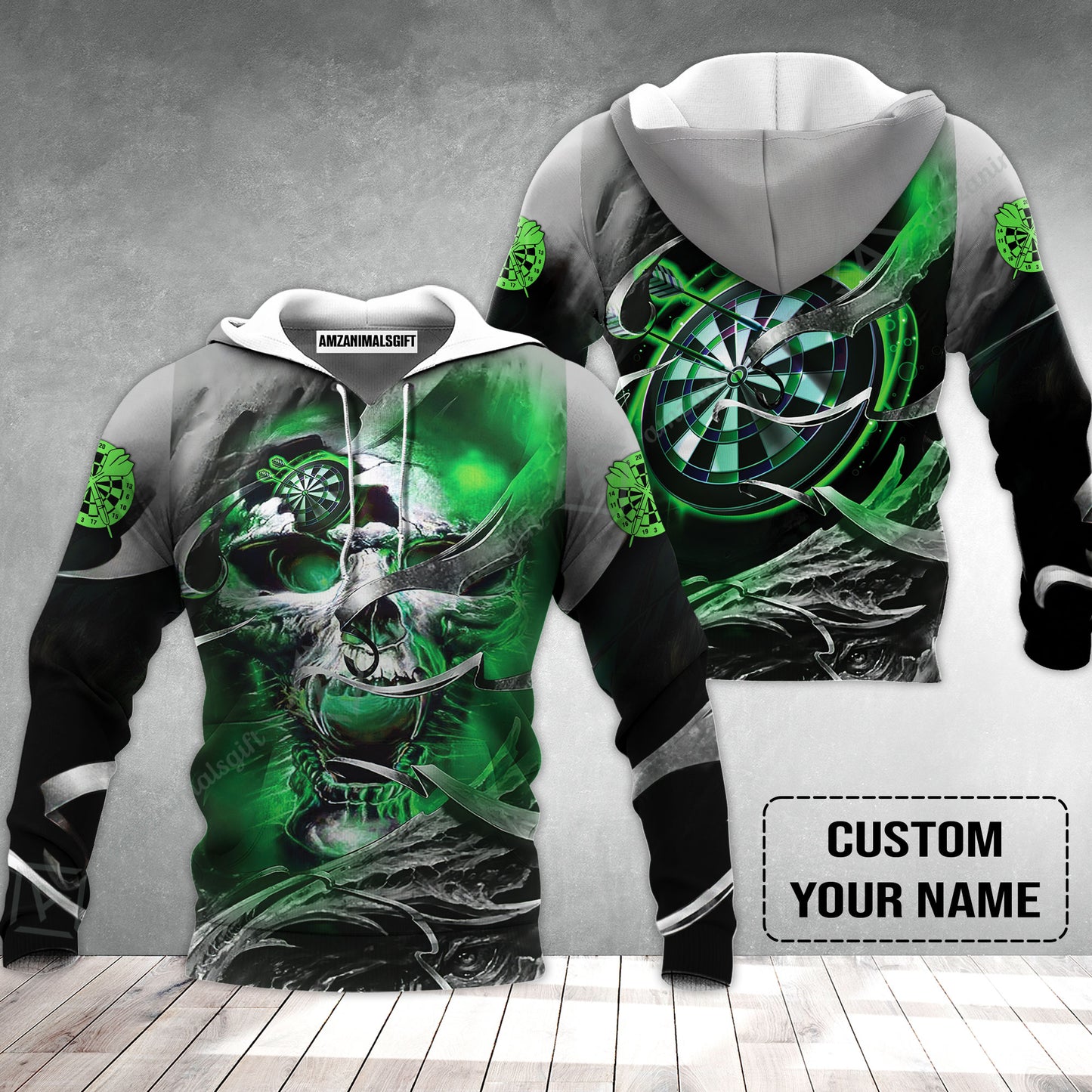 Customized Name Darts Hoodie, Green Skull Light Dartboard Personalized Hoodie