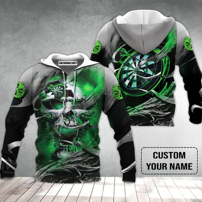 Customized Name Darts Hoodie, Green Skull Light Dartboard Personalized Hoodie