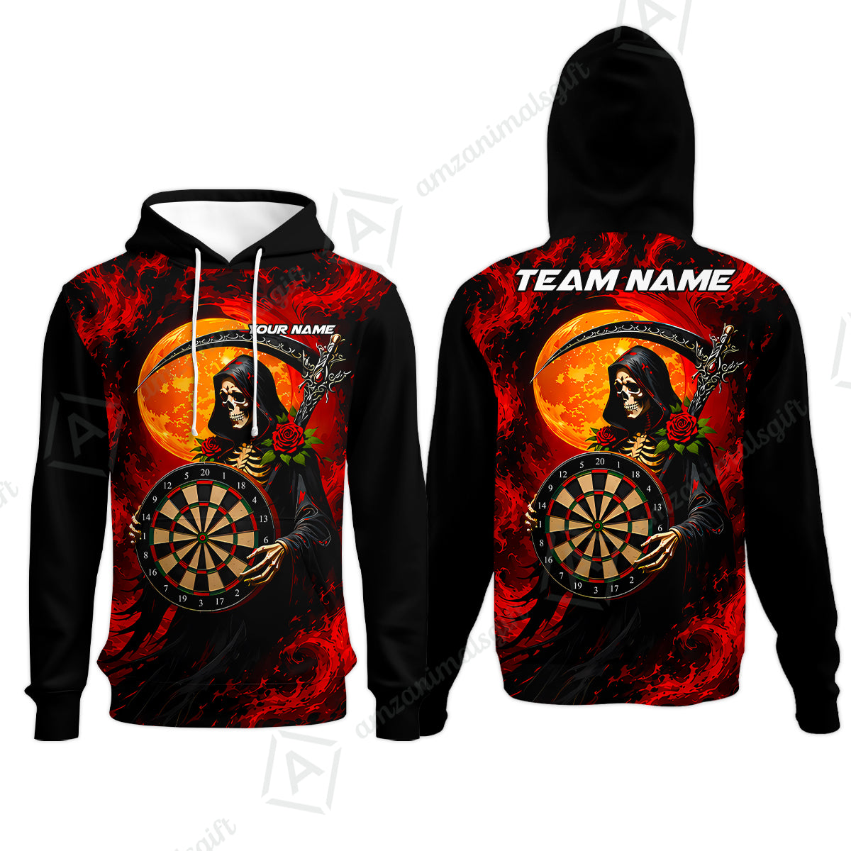 Customized Grim Reaper Holding Dartboard In Moonlight Halloween Darts Jersey, Personalized Name And Team Name For Players