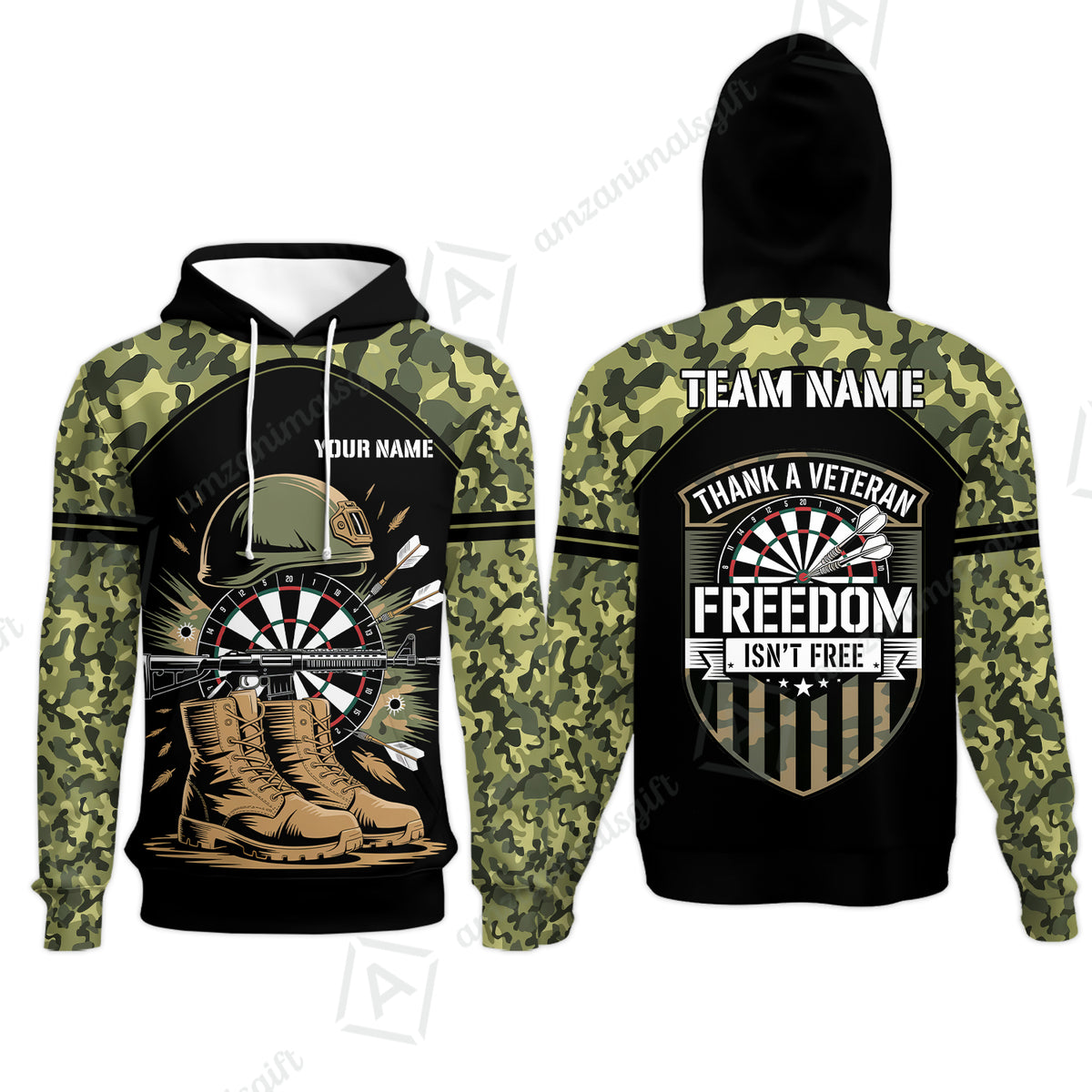 Custom Military Green Camouflage Dartboard Collar Quater-Zip Jersey Team Shirts, Customized Name Team Name Darts Team Jerseys Uniform