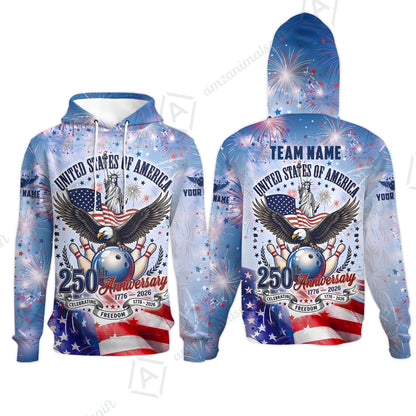 Custom Bowling Jersey Polo Shirt, 250 Years Anniversary USA, Personalize Name and Team Name