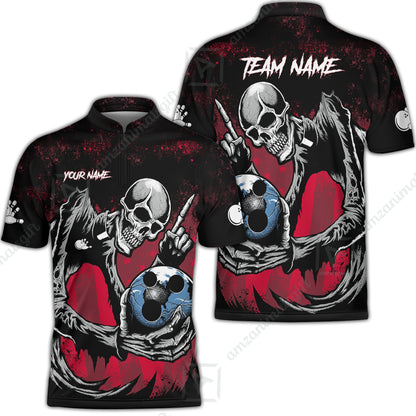Customized Bowling Team Men Polo Shirt , Horrified Skull Bowling Ball Halloween Style Uniform Shirt, Jersey For Bowlers