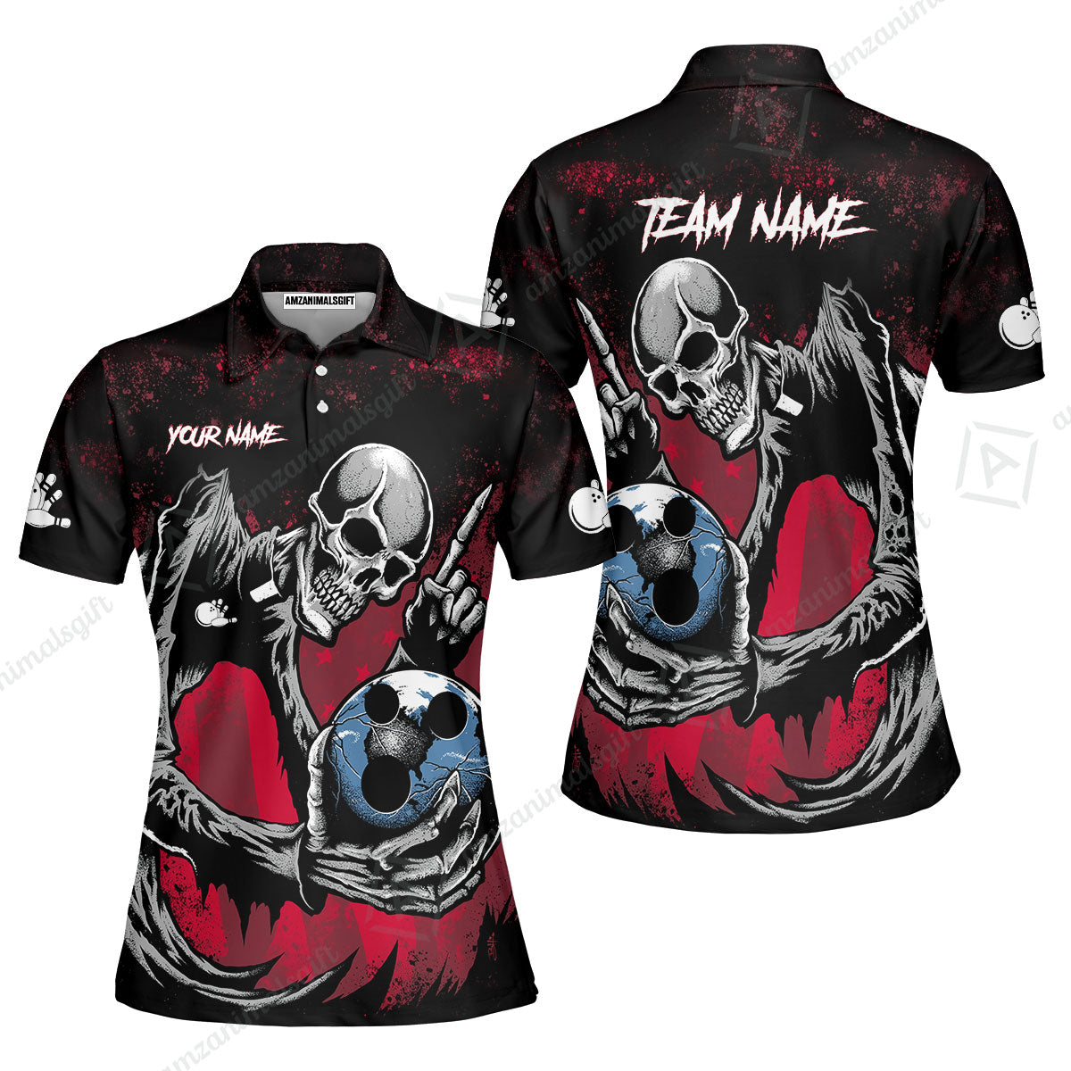 Customized Bowling Team Men Polo Shirt , Horrified Skull Bowling Ball Halloween Style Uniform Shirt, Jersey For Bowlers
