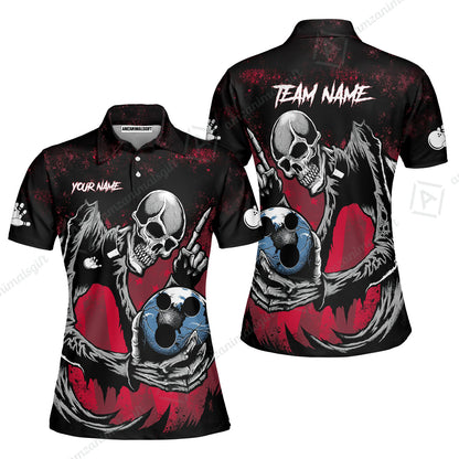Customized Bowling Team Men Polo Shirt , Horrified Skull Bowling Ball Halloween Style Uniform Shirt, Jersey For Bowlers