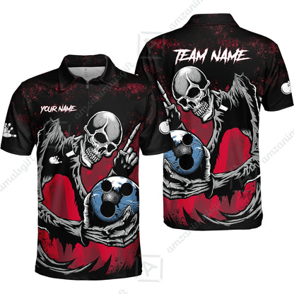 Customized Bowling Team Men Polo Shirt , Horrified Skull Bowling Ball Halloween Style Uniform Shirt, Jersey For Bowlers