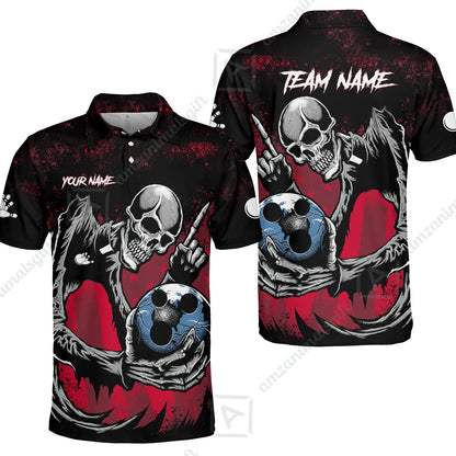 Customized Bowling Team Men Polo Shirt , Horrified Skull Bowling Ball Halloween Style Uniform Shirt, Jersey For Bowlers