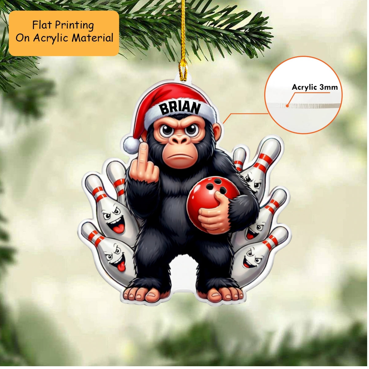 Personalized Bowling Christmas Ornament, Naughty Monkey With Bowling, Custom Ornament Christmas Gift, Keychain Bowling, Car Ornament Bowling