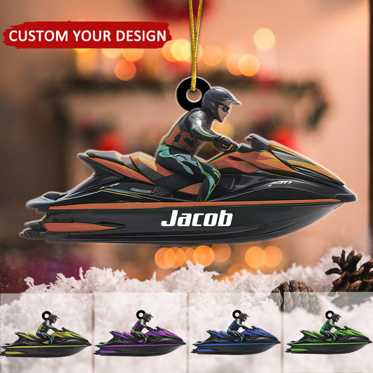 Personalized Man Ride Jet Ski Water Sport Flat Acrylic Ornament, Meaningful Ornament Gifts For Jet Ski Sport Lovers