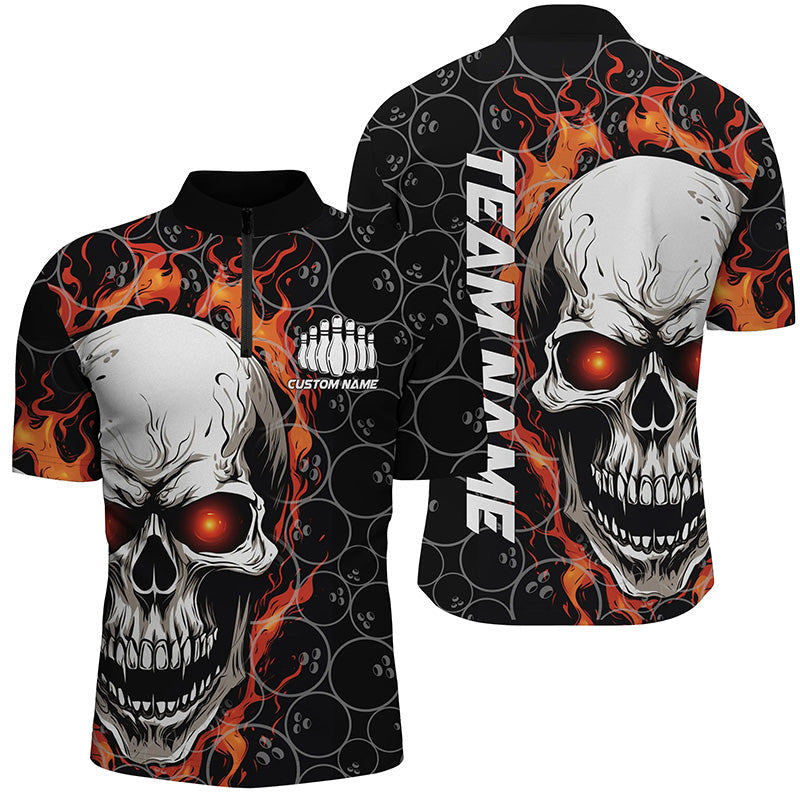 Bowling Customized Black Jersey, Flaming Fire Skull Bowling Ball Pattern Quarter Zip Bowling Shirt For Bowlers, Bowling Team