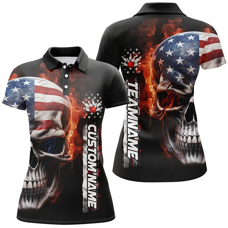 Bowling Customized Jersey Patriotic Shirt Skull American Flag Bowling Tenpin Quarter Zip Shirt For Bowlers, Bowling Team
