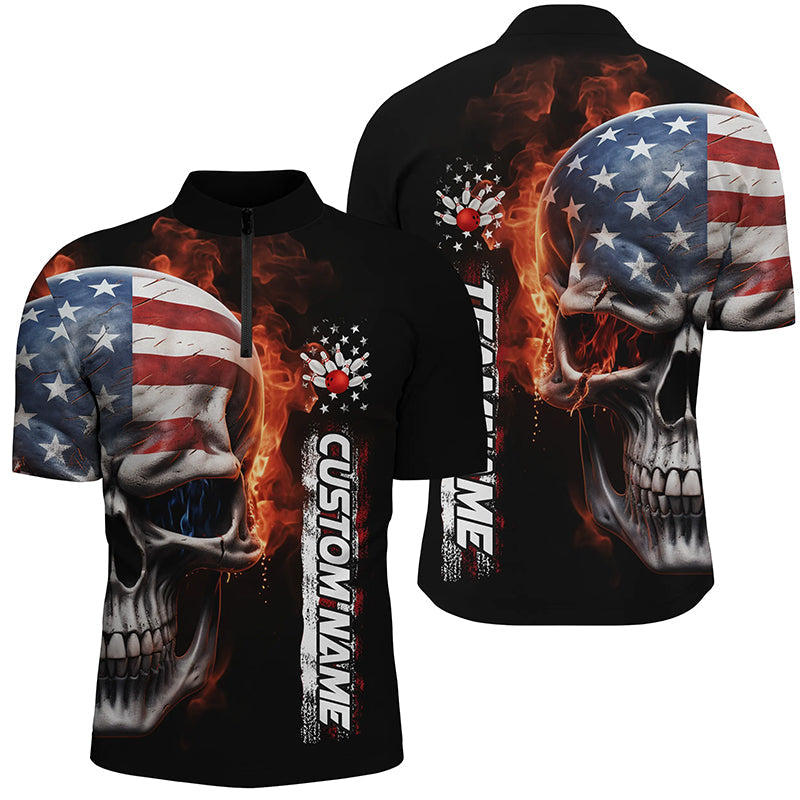 Bowling Customized Jersey Patriotic Shirt Skull American Flag Bowling Tenpin Quarter Zip Shirt For Bowlers, Bowling Team