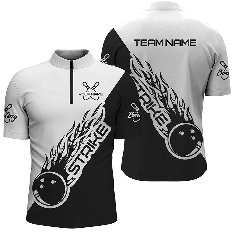 Bowling Customized Jersey Black White Shirt Strike Ball Bowling Tenpin Quarter Zip Shirt For Bowlers, Bowling Team